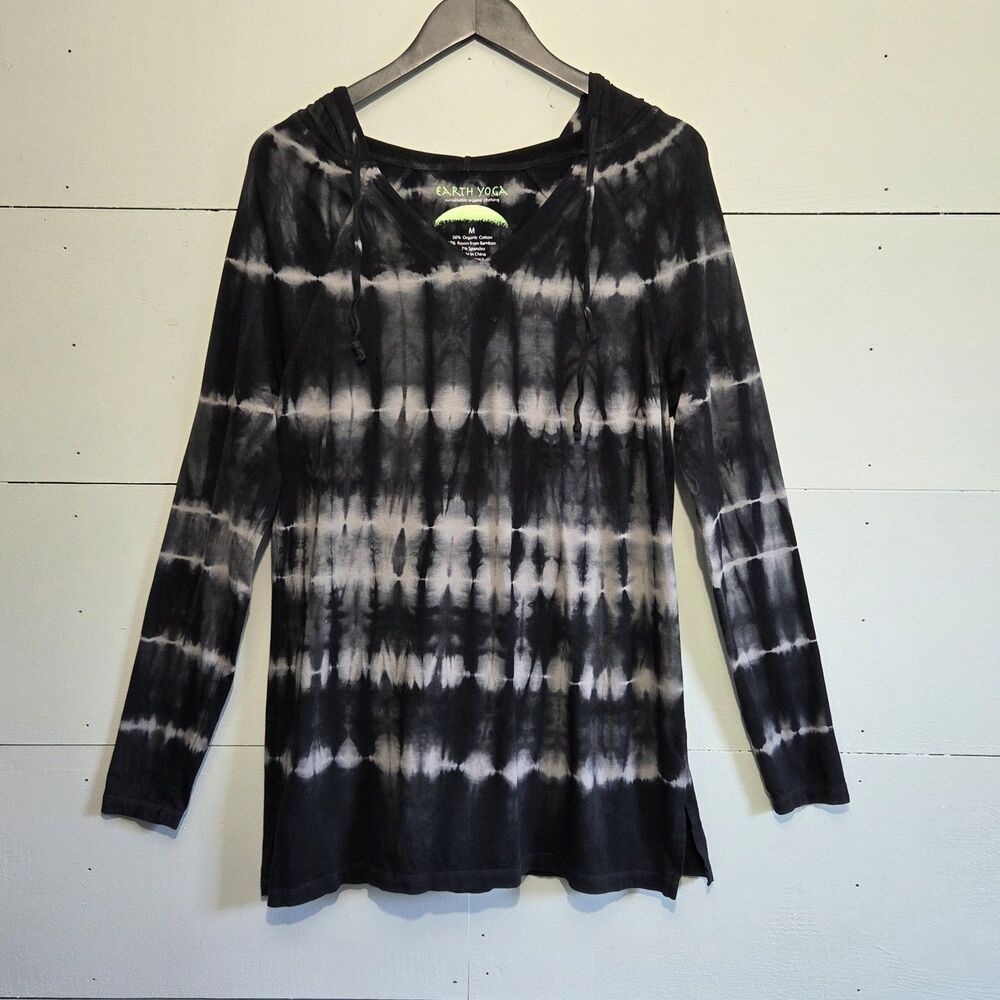 Earth Yoga Black/White Tie-Dye V-Neck Drawstring Hoodie Womens M Organic Cotton